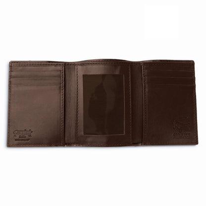 Ferrini Alligator Wallet in dark nicotine-brown alligator leather, open trifold design with card slots and a clear ID window