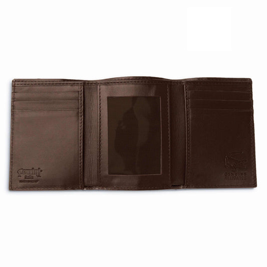 Ferrini Alligator Wallet in dark nicotine-brown alligator leather, open trifold design with card slots and a clear ID window