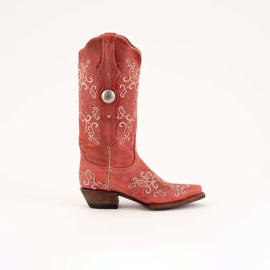Ferrini Bella Leather Boots in red leather with cream scroll embroidery, silver concho, and a pointed snip toe