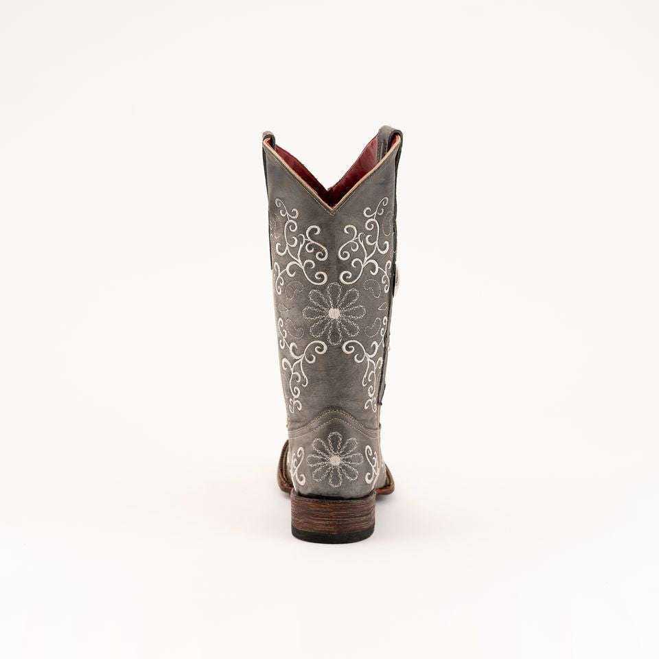 Ferrini Bella Leather Boots in smoke gray leather with cream floral scroll embroidery, V-cut topline and stacked heel