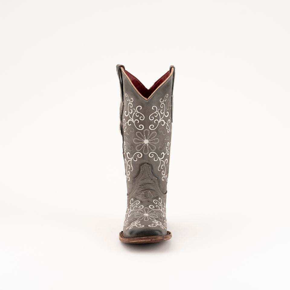Ferrini Bella Leather Boots in smoke gray leather with white floral embroidery, pointed heel counter and red lining