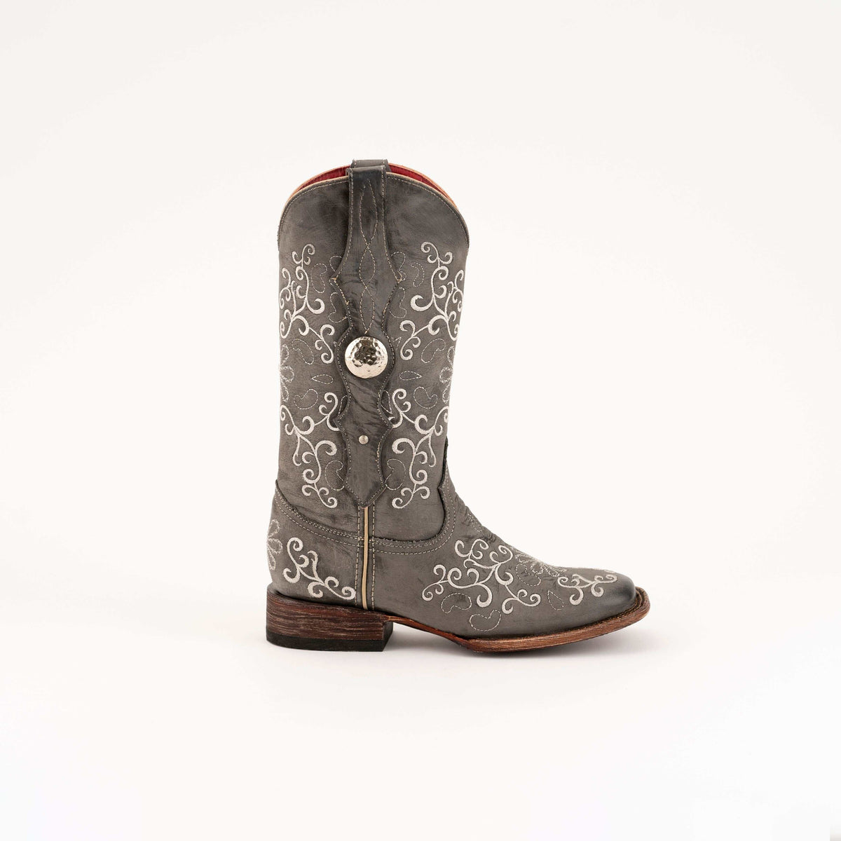 Ferrini Bella Leather Boots in smoke gray leather with white scroll embroidery, square toe, low block heel and concho detail