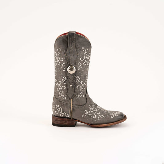 Ferrini Bella Leather Boots in smoke gray leather with white scroll embroidery, square toe, low block heel and concho detail