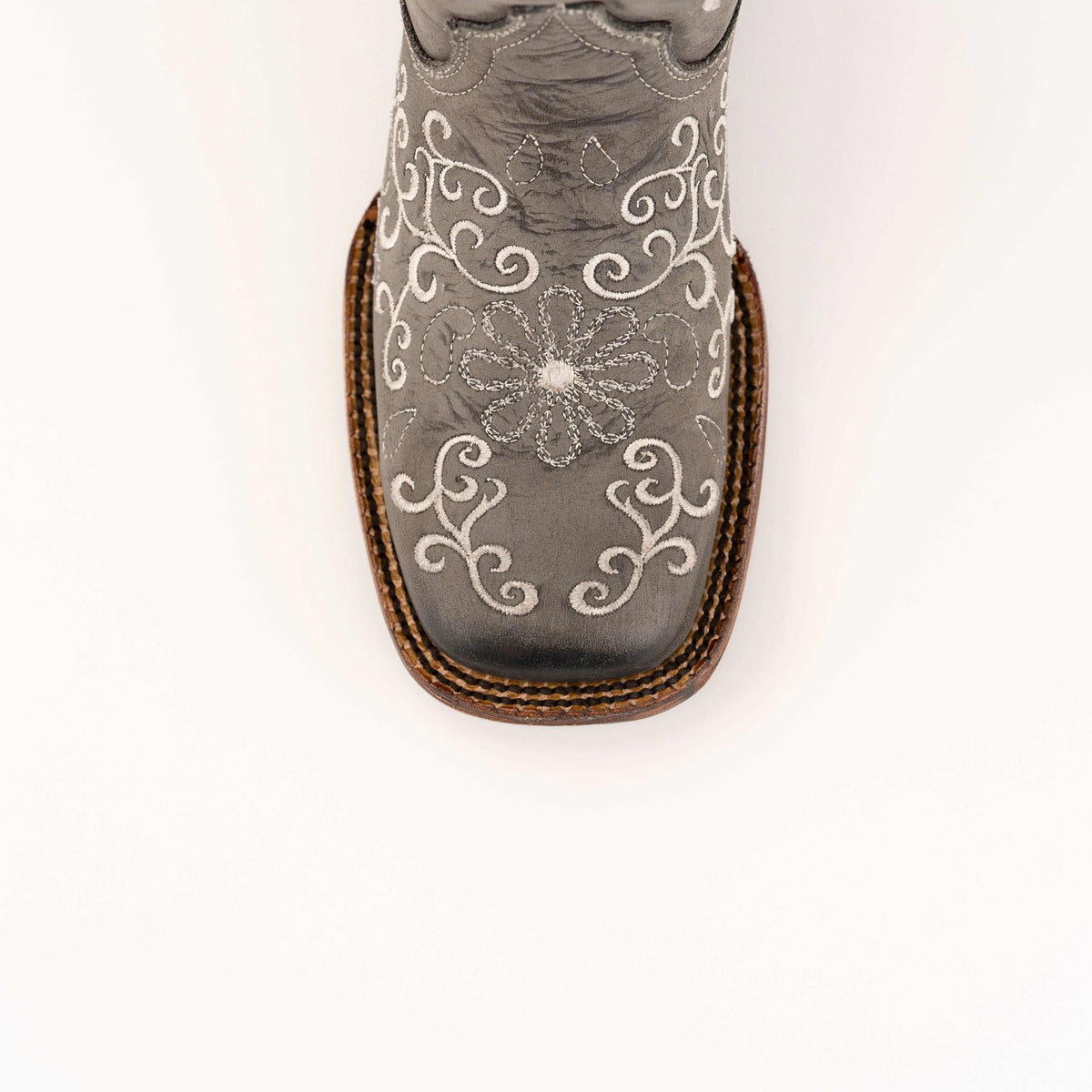 Ferrini Bella Leather Boots in smoke grey leather with ornate white floral embroidery and a square toe.