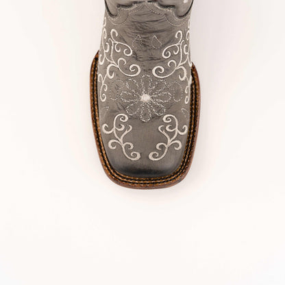 Ferrini Bella Leather Boots in smoke grey leather with ornate white floral embroidery and a square toe.