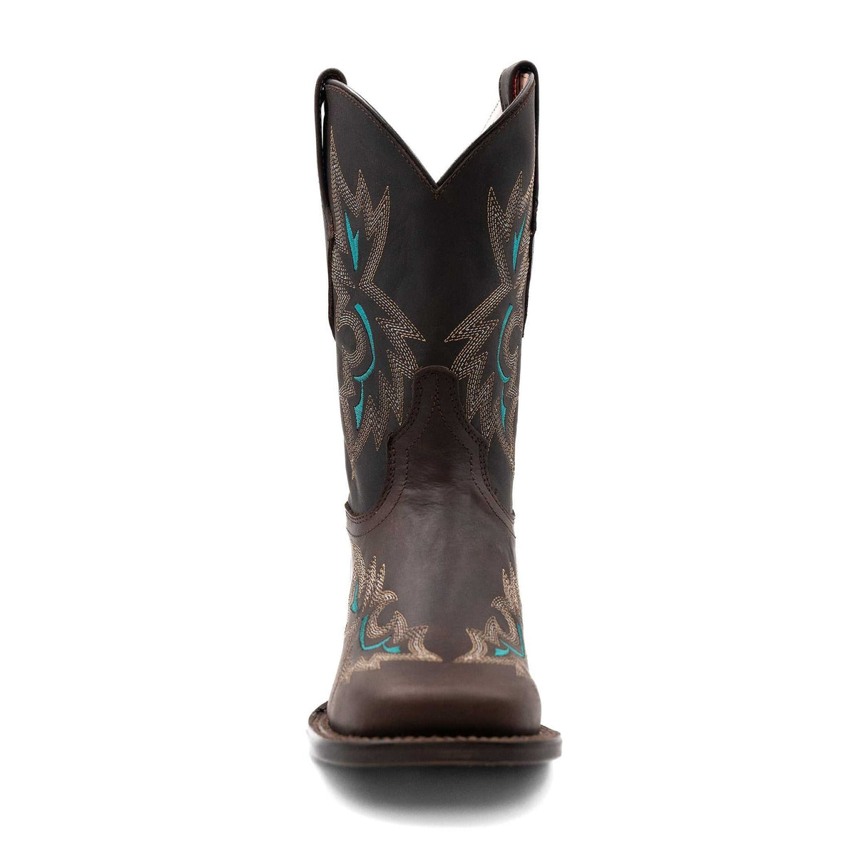 Ferrini Betsy Leather Boots in dark brown leather with turquoise and tan embroidered motifs and a square toe
