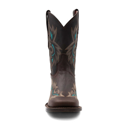 Ferrini Betsy Leather Boots in dark brown leather with turquoise and tan embroidered motifs and a square toe
