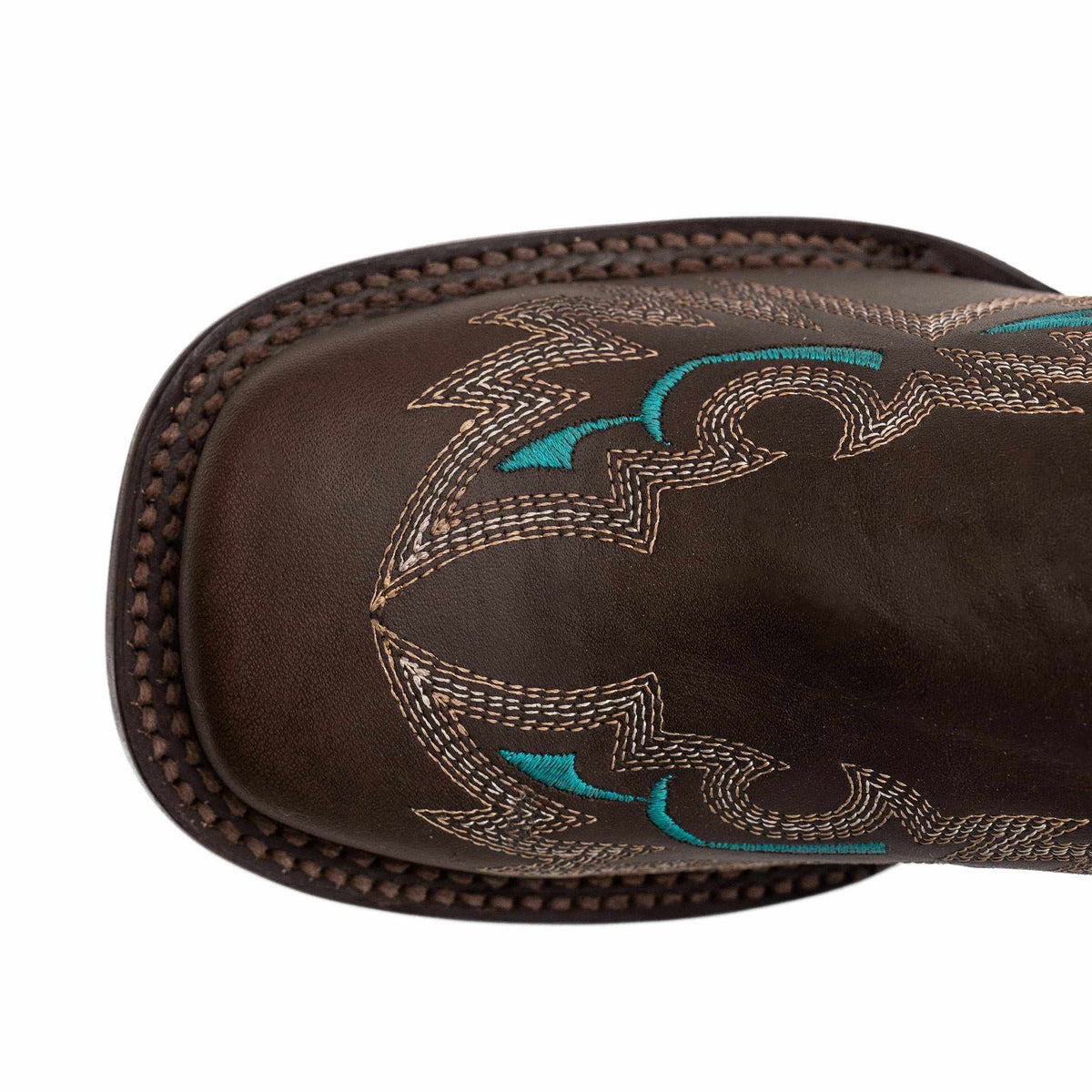 Ferrini Betsy Leather Boots feature a dark brown square toe with tan and turquoise Western stitching