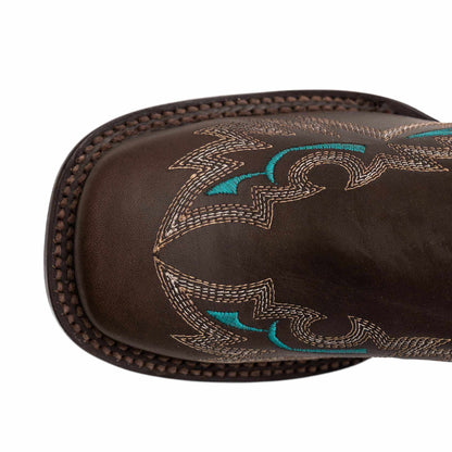 Ferrini Betsy Leather Boots feature a dark brown square toe with tan and turquoise Western stitching