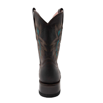 Ferrini Betsy Leather Boots in dark brown leather with turquoise stitched accents, scalloped shaft and block heel.