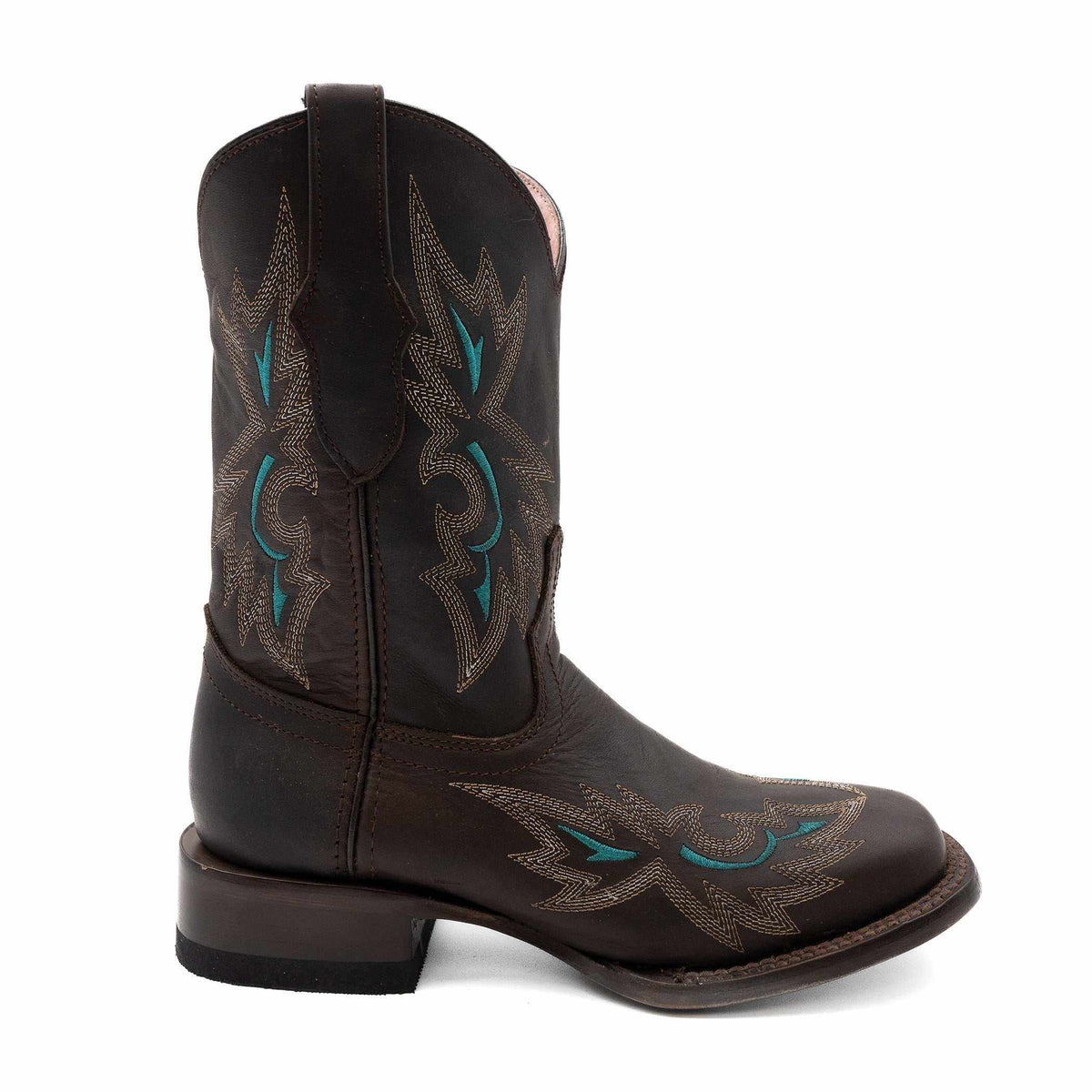 Ferrini Betsy Leather Boots in dark brown leather with turquoise and tan stitched wing patterns and a square toe