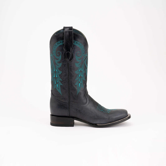 Ferrini Blaze Leather Boots in black leather with turquoise embroidered shaft and vamp, pull tab, and square toe.
