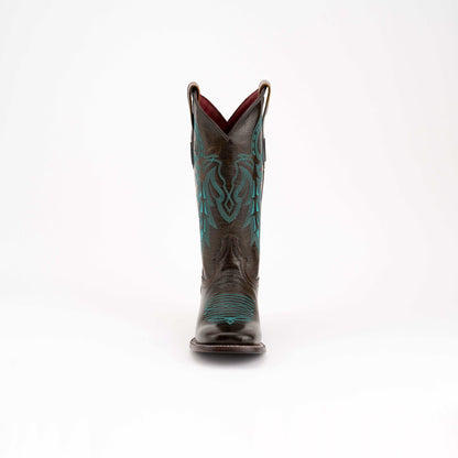 Ferrini Blaze Leather Boots in dark brown leather with vivid turquoise stitching, ornate shaft embroidery and square toe