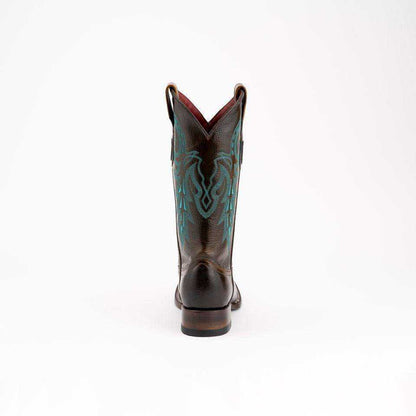 Ferrini Blaze Leather Boots in dark brown leather, with turquoise stitched western scrollwork and a stacked block heel.