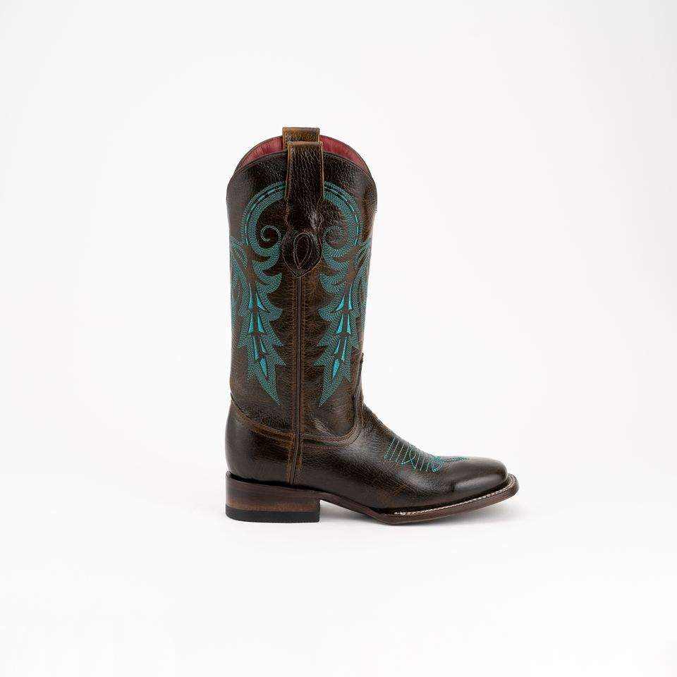 Ferrini Blaze Leather Boots in dark chocolate leather with turquoise embroidered scrollwork, pull tab, and square toe