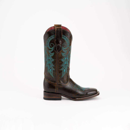 Ferrini Blaze Leather Boots in dark chocolate leather with turquoise embroidered scrollwork, pull tab, and square toe