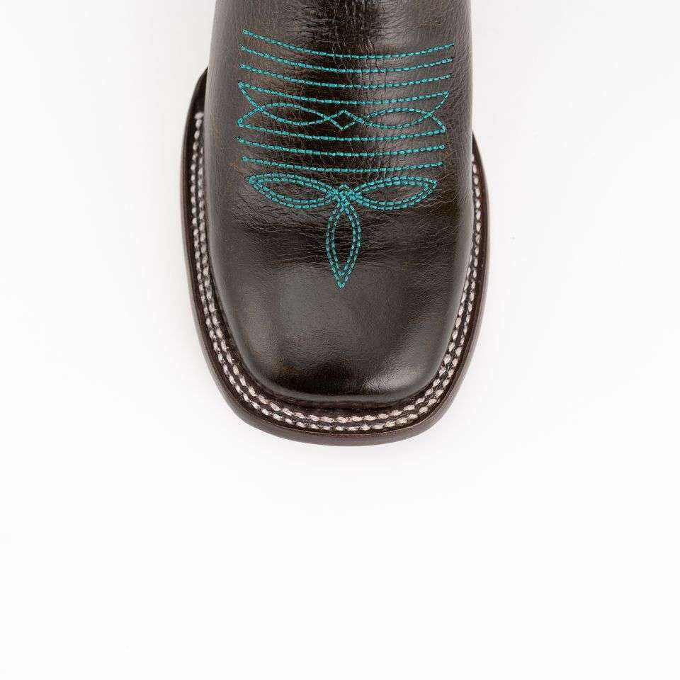 Ferrini Blaze Leather Boots with a dark chocolate leather square toe, turquoise decorative stitching and white contrast welt stitching