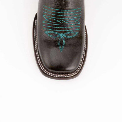 Ferrini Blaze Leather Boots with a dark chocolate leather square toe, turquoise decorative stitching and white contrast welt stitching