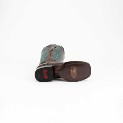 Ferrini Blaze Leather Boots in dark chocolate leather, with turquoise stitching, square toes and branded soles.