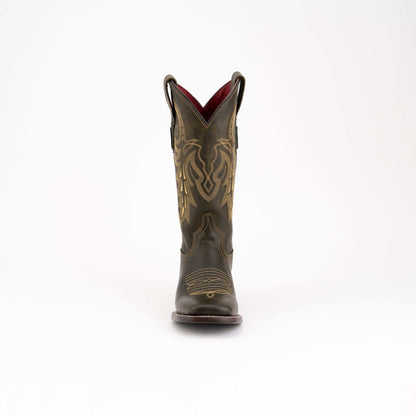 Ferrini Blaze Leather Boots in dark moss leather with ornate tan stitching, a square toe and contrasting red lining.