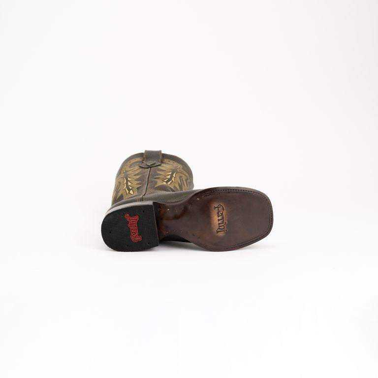 Ferrini Blaze Leather Boots in moss leather with gold embroidered flame motifs and a brown leather outsole.