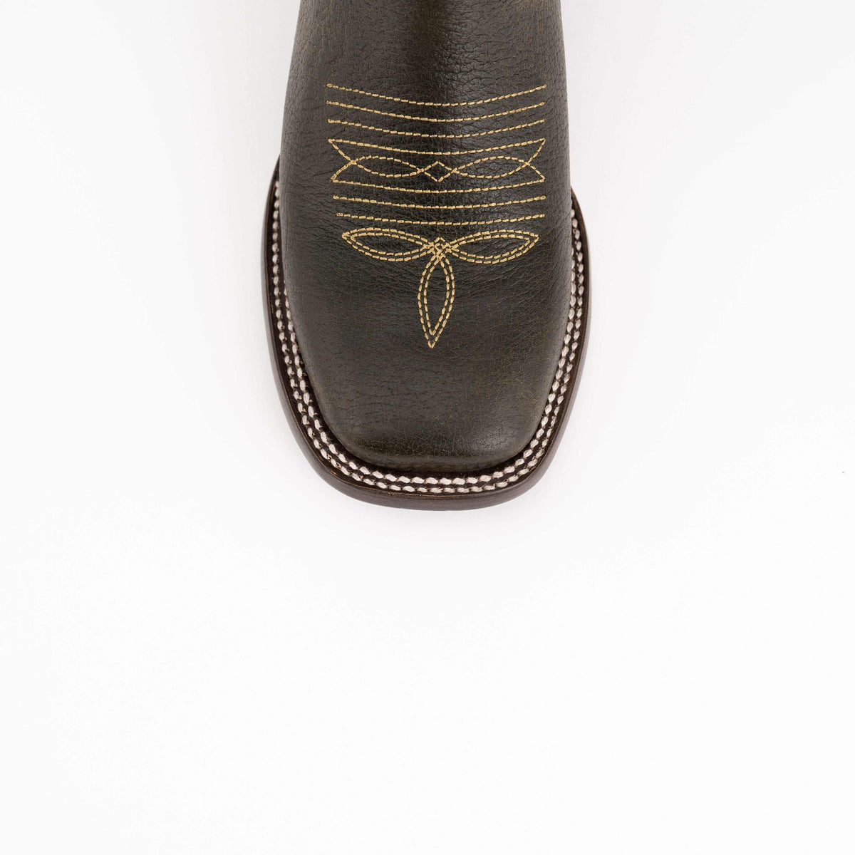 Ferrini Blaze Leather Boots in moss green leather with gold decorative stitching and a square toe