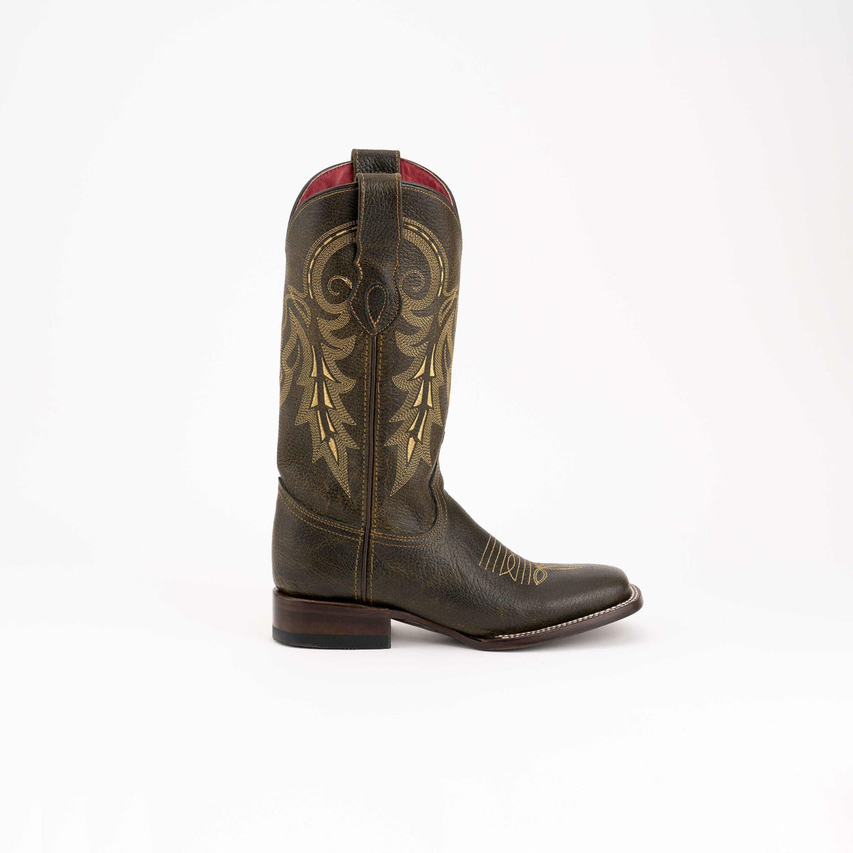 Ferrini Blaze Leather Boots in dark moss leather, featuring ornate gold stitching, a square toe and low block heel