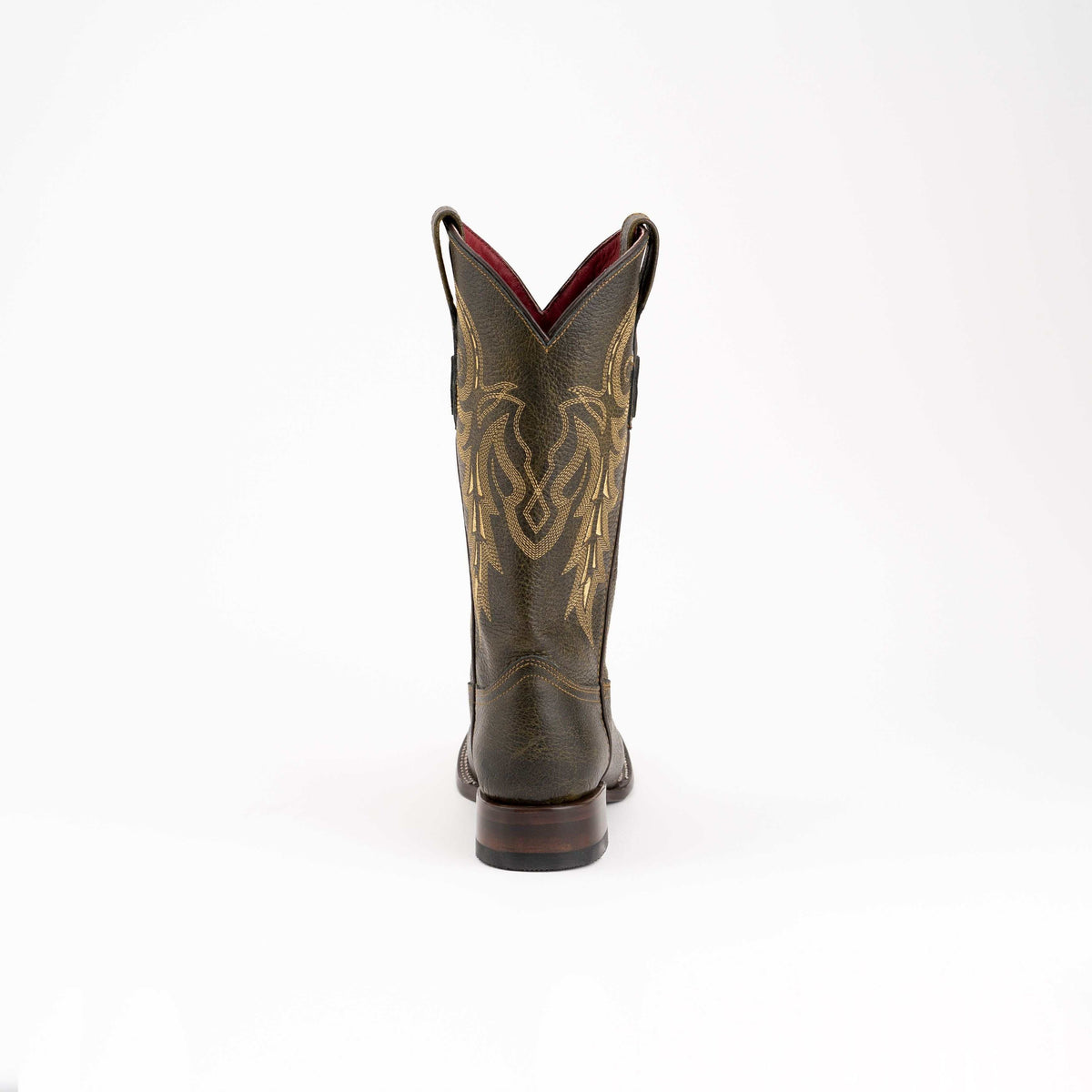 Ferrini Blaze Leather Boots in moss leather, shown from behind with tan stitched motifs, pointed shaft and block heel