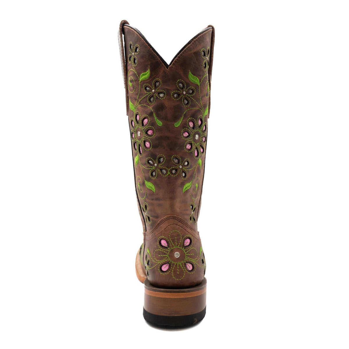 Ferrini Blossom Leather Boots in brown leather, featuring pink floral cutouts, green leaf accents and a block heel