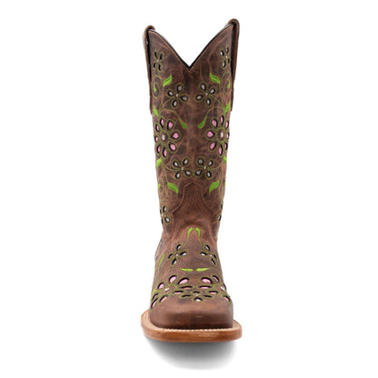 Ferrini Blossom Leather Boots in brown leather with colorful floral embroidery, perforated details and a square toe