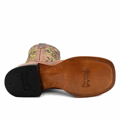 Ferrini Blossom Leather Boots with a brown leather sole, black heel cap, and floral perforated shaft visible from below