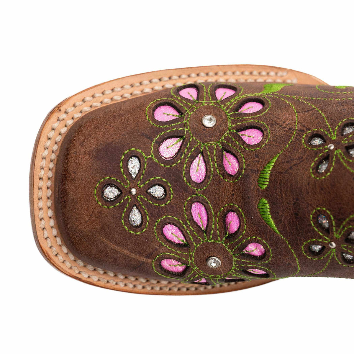 Ferrini Blossom Leather Boots with a brown leather toe, pink and green floral stitching, and decorative edging