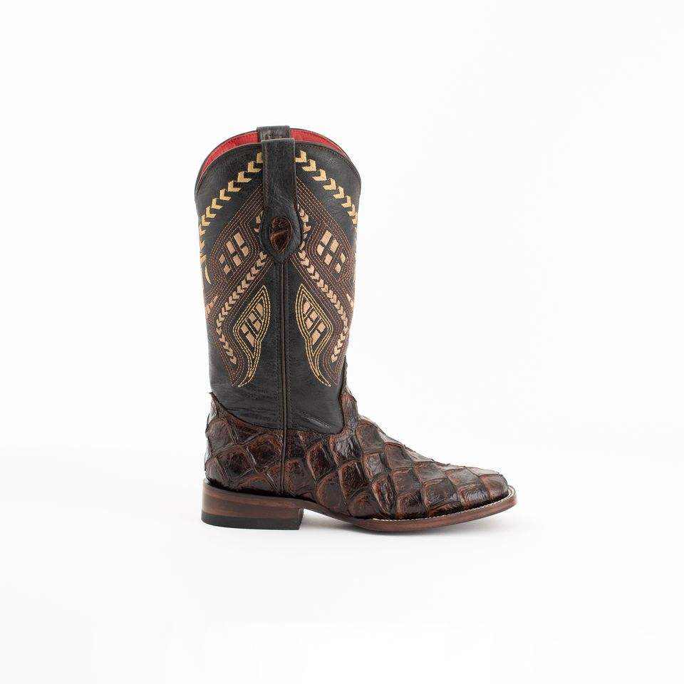 Ferrini Bronco Pirarucu Print Boots in chocolate brown leather with textured pirarucu-print vamp and embroidered shaft