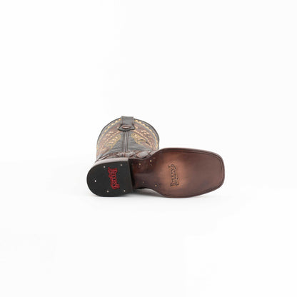 Ferrini Bronco Pirarucu Print Boots with chocolate brown leather soles and patterned leather shafts, shown sole-up.