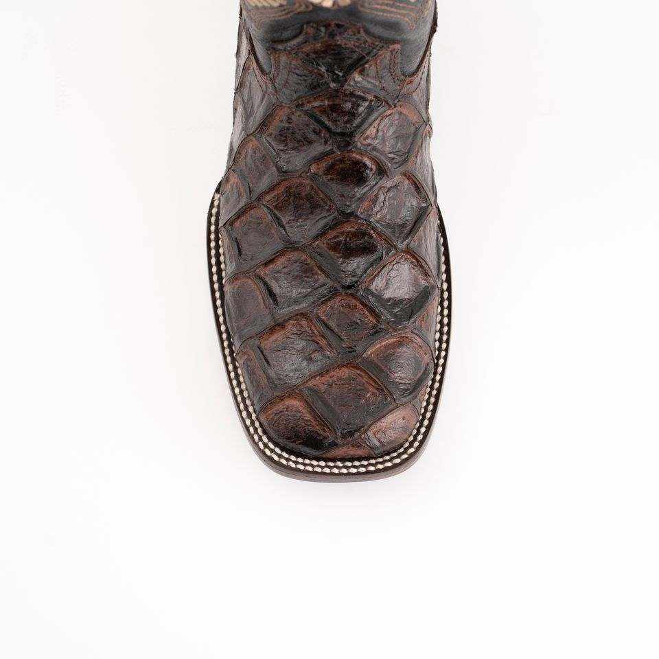 Ferrini Bronco Pirarucu Print Boots in chocolate brown leather, featuring raised overlapping fish-scale pattern and square toe