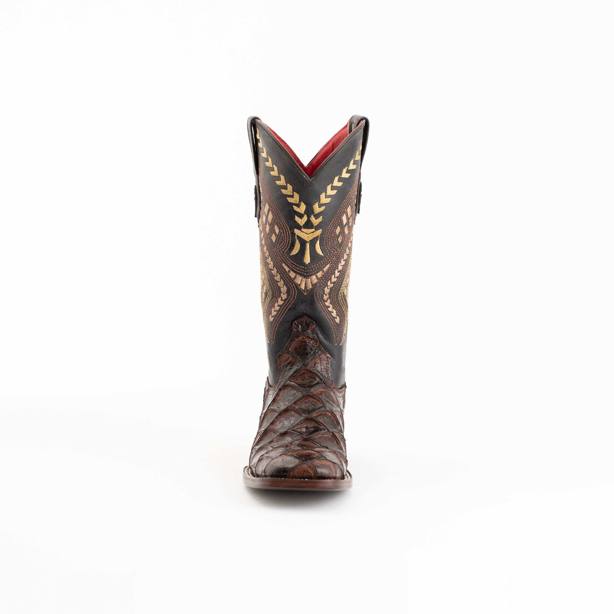 Ferrini Bronco Pirarucu Print Boots in chocolate brown with textured fish-scale print, gold stitching and a square toe