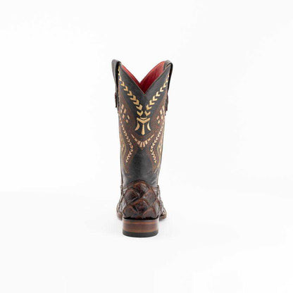 Ferrini Bronco Pirarucu Print Boots in dark chocolate leather with ornate tan stitching and textured scales