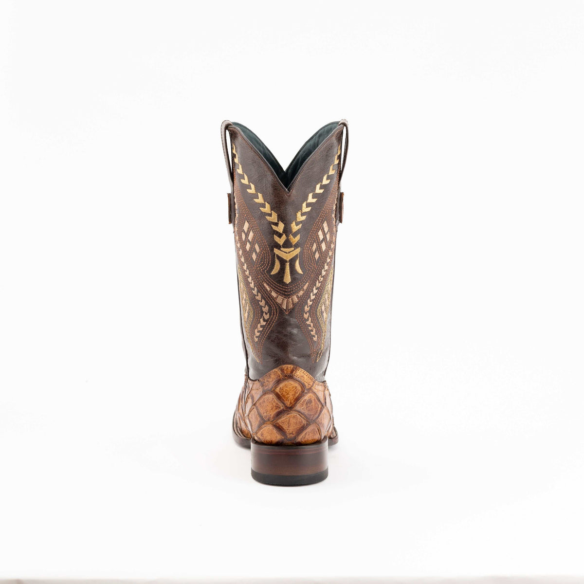 Ferrini Bronco Pirarucu Print Boots in cigar brown leather with embossed scales, pointed heel counter, and decorative stitching