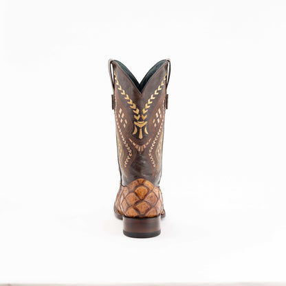 Ferrini Bronco Pirarucu Print Boots in cigar brown leather with embossed scales, pointed heel counter, and decorative stitching