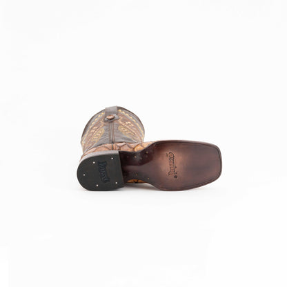 Ferrini Bronco Pirarucu Print Boots in cigar brown leather, showing textured printed vamp, stitched shaft and leather sole