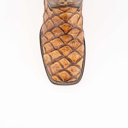 Ferrini Bronco Pirarucu Print Boots in cigar brown leather, featuring textured fish-scale print and a square toe