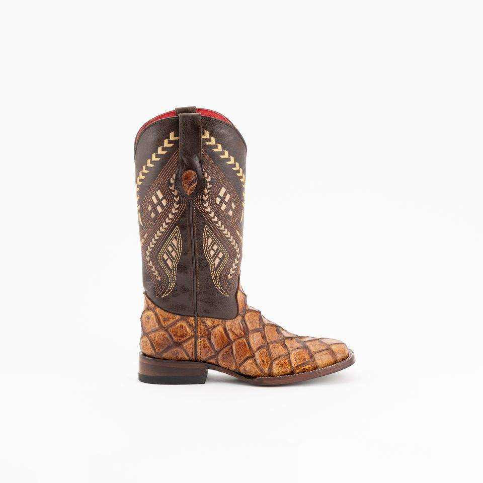 Ferrini Bronco Pirarucu Print Boots in cigar brown leather, with textured fish-scale print vamp, embroidered shaft and square toe