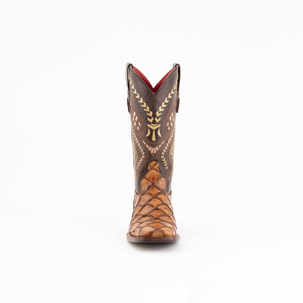 Ferrini Bronco Pirarucu Print Boots in cigar brown leather, with scaled pirarucu-print vamp and embroidered shaft