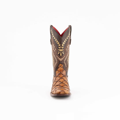 Ferrini Bronco Pirarucu Print Boots in cigar brown leather, with scaled pirarucu-print vamp and embroidered shaft