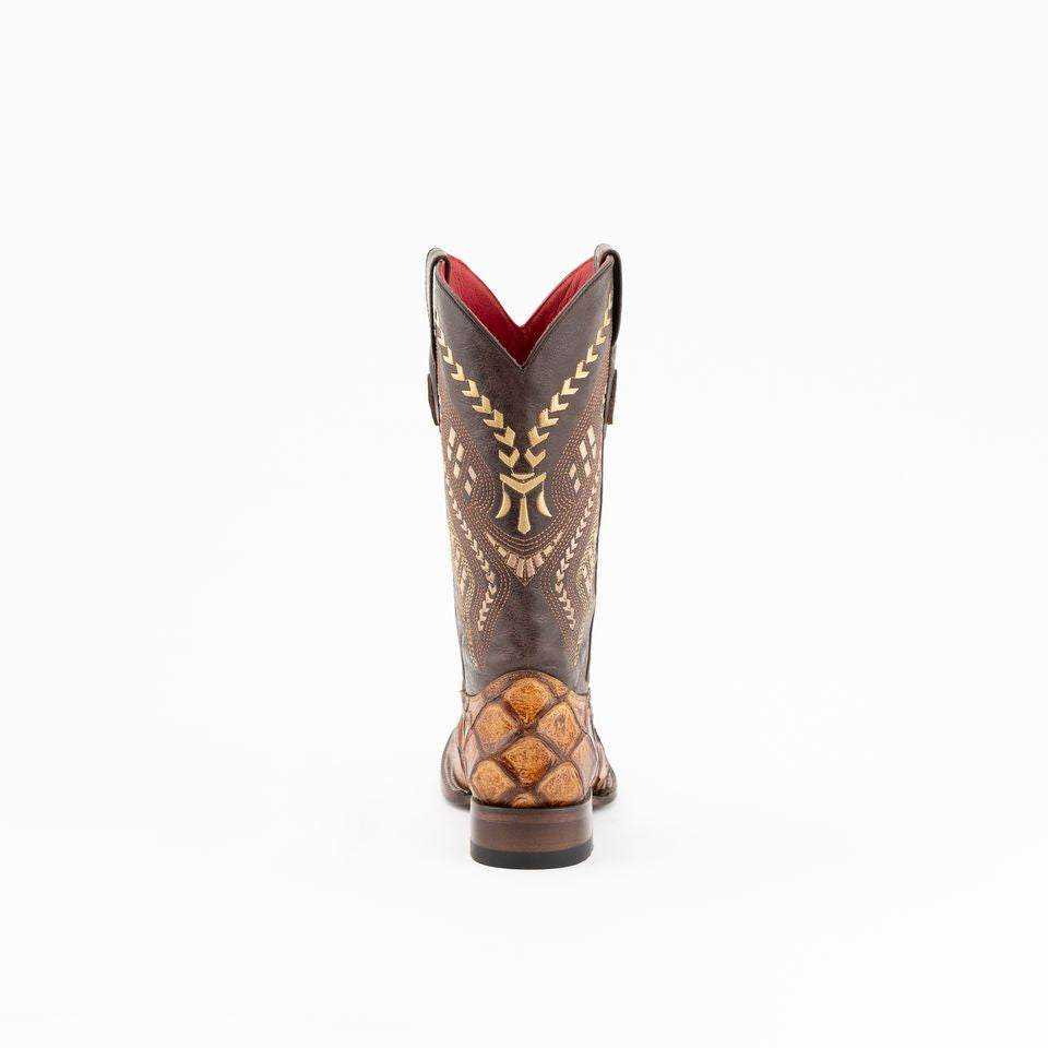 Ferrini Bronco Pirarucu Print Boots in cigar brown leather with textured pirarucu-print vamp and decorative stitched shaft