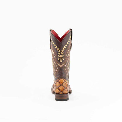 Ferrini Bronco Pirarucu Print Boots in cigar brown leather with textured pirarucu-print vamp and decorative stitched shaft