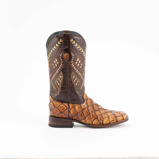 Ferrini Bronco Pirarucu Print Boots in cigar brown leather with textured scale-print vamp, embroidered shaft and square toe