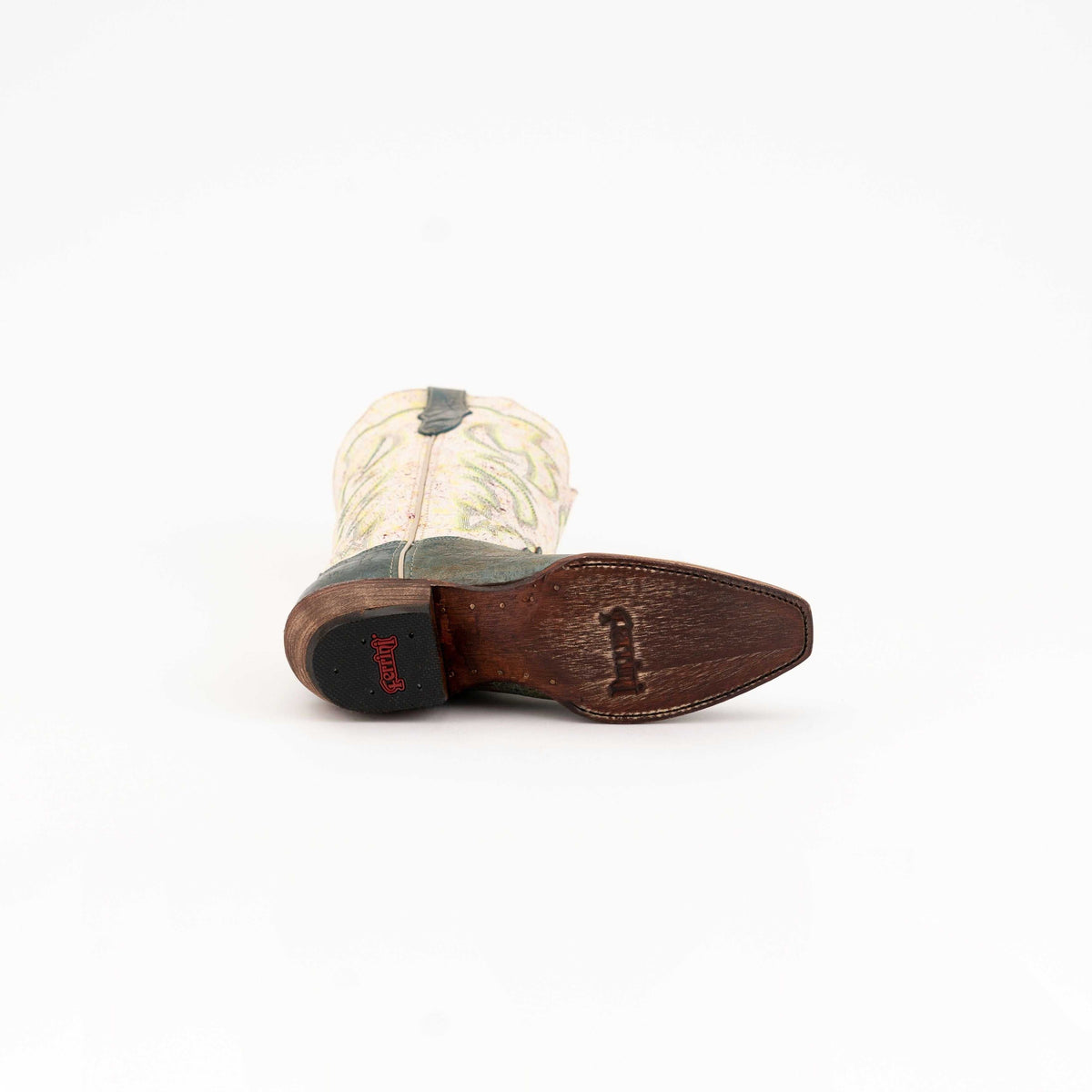 Ferrini Candy Leather Boots with a dark brown leather outsole, teal-toned heel and cream embroidered shaft