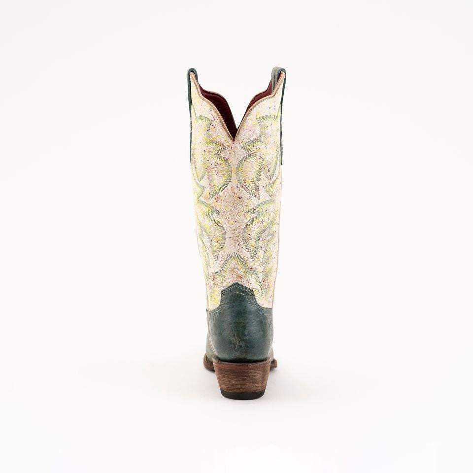 Ferrini Candy Leather Boots with pale cream embroidered shafts, dark teal leather heels and brown stacked cowboy heels