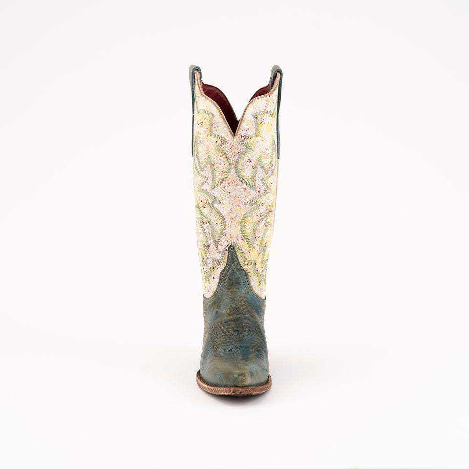 Ferrini Candy Leather Boots, tall teal leather cowboy boot with ornate cream embroidered shaft, pull tabs and snip toe